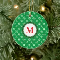 Wreath Monogram Your Name White Snowflakes Green Ceramic Ornament