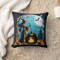 Witch brews in moonlit Halloween forest Throw Pillow