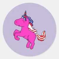 Unicorn Yarrow Pink Patriotic USA Flag Mane Art Classic Round Sticker