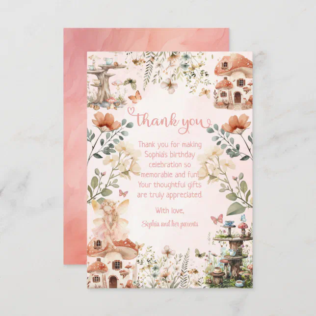 Enchanted Garden Mushroom Girl's First Birthday Thank You Card