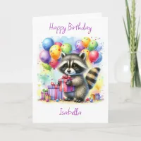 Cute Watercolor Cartoon Raccoon Happy Birthday Card