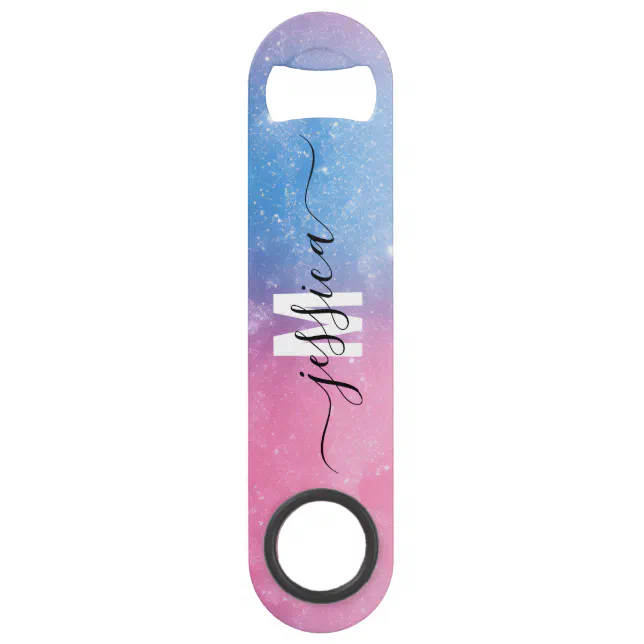 Bright Blue Magenta Sparkly Glitter Ombre Monogram Bar Key