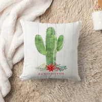 Rustic Christmas Cactus White Wood Holiday Throw Pillow