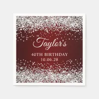 Silver Glitter Dark Red Ombre 40th Birthday Napkins