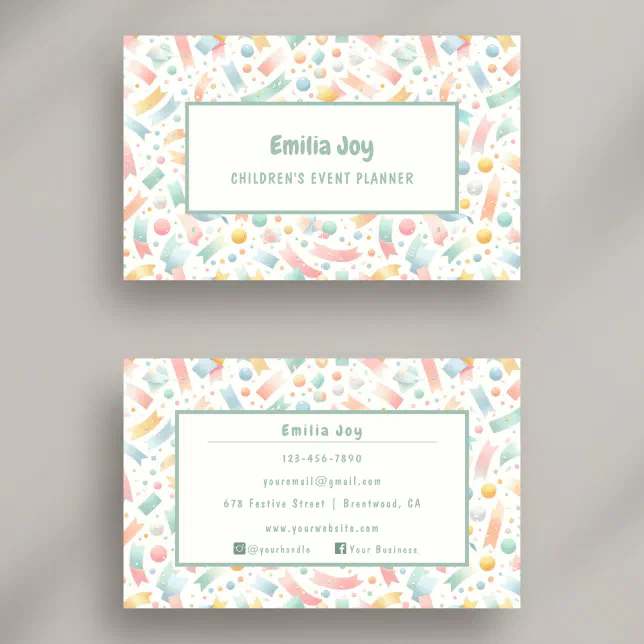 Pastel Cute Confetti Watercolor Party and Event Business Card