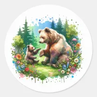 Cute Watercolor Bear and Cub Classic Round Sticker