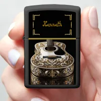 Close Up Of A Gold And White Acoustic Guitar Zippo Lighter