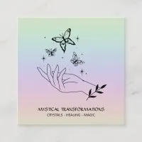 *~* Magic Healing Hands Butterlies Pastel Rainbow Square Business Card