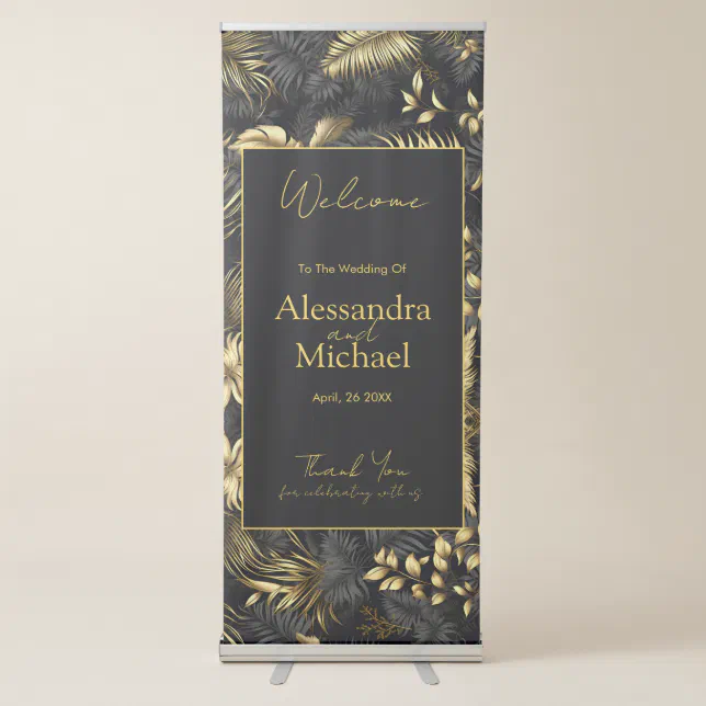 Modern Black Gold Tropical Leaves Wedding Retractable Banner