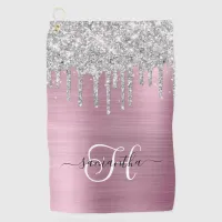 Monogrammed Pink and Silver Dripping Glitter Golf Towel