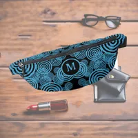 Modern, trendy blue circles on black monogram  fanny pack