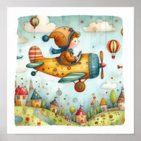 Adorable Nursery Art Poster Child Flying Plane