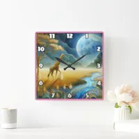 Giraffe grazing under a vivid moon square wall clock