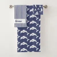 Nautical Navy Blue and White Dolphin and Sailboat Bath Towel Set