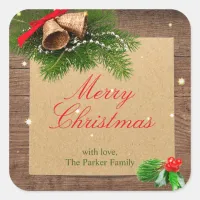 Merry Christmas Bells and Pines on Wood  Square Sticker