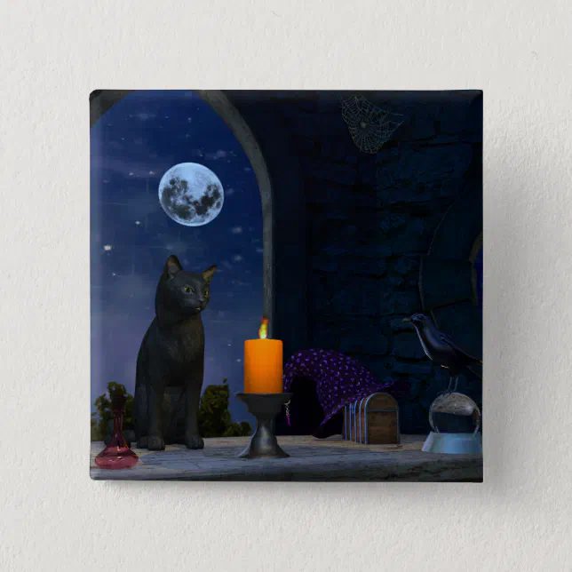 Cute Black Cat Staring at a Candle Button