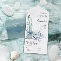 Modern Ocean Beach Blue Watercolor Wedding All In One Invitation