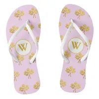 Monogrammed Pretty Pink Faux Gold Roses Floral Flip Flops