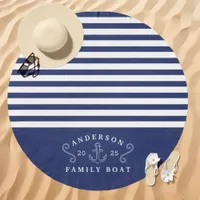 Nautical Striped Family Boat Name Navy and White Beach Towel