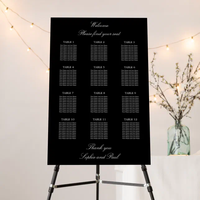 Elegant Black 12 Table Wedding Seating Chart Foam Board