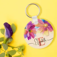 Girly Colorful Pastel Watercolor Flower Monogram Keychain