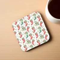 Pretty Watercolor Red and Green Stockings Beverage Coaster