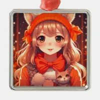 Anime Girl with Orange Kitten Christmas Metal Ornament