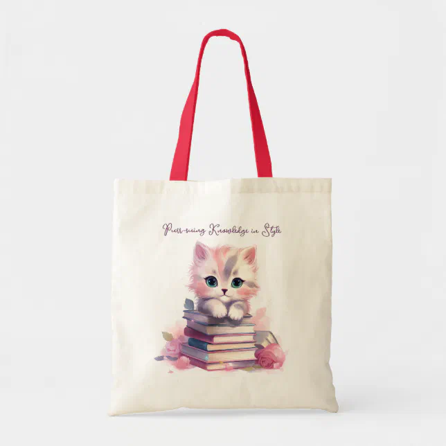 Cute Kitten With Books Pink | Cat Watercolor Art Tote Bag