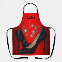 Black Glitter High Heel Shoe on Red | Apron