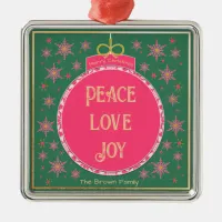 Peace Love Joy Pink Gold Sparkly Christmas Metal Ornament