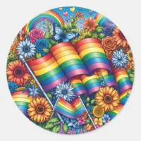 LGBTQIA+ Pride Flags, Rainbows, Flowers Classic Round Sticker