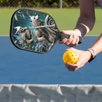 skeleton on a chopper mounted with a wolf head pickleball paddle