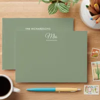 Elegant Script Sage Green Mrs. Name Return Address Envelope