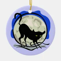 Black Cat and Full Moon Blue Background, ZSSG Ceramic Ornament