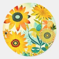 Pretty Yellow Flowers Whimsical Folk Art Classic Round Sticker