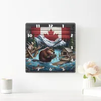 Beaver Gathering Branches Near Canadian Mountains Square Wall Clock