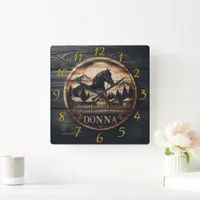 Wooden Carving of Horse and Mountain Landscape Square Wall Clock