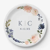 Peach & Navy Blue Botanical Garden Bridal Shower Paper Plates