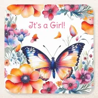 Butterfly in Flowers Girl's Baby Shower Square Paper Coaster