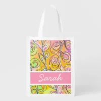 Abstract leaves pink gold green and custom name grocery bag