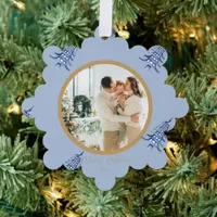 Dusty Blue Pagoda Merry Christmas Tree 2-Photo Ornament Card