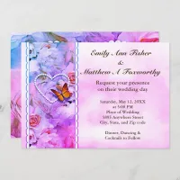Heart Pearls Pink Roses & Butterflies Wedding Invitation