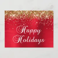 Happy Holidays Gold Glitter Red Foil Holiday Postcard