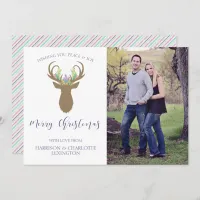 Boho Christmas Reindeer Watercolor Stripe Photo Holiday Card