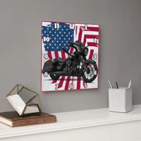 Custom motorcycle art with American flag backdrop Square Wall Clock