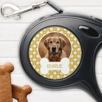 Gold Polka Dot Paw Print Dog Bone Pet Photo Retractable Pet Leash