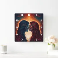 Two Women Embrace in Fiery Background Square Wall Clock