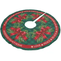 Green Plaid Ribbon Holly Festive Words Christmas Brushed Polyester Tree Skirt