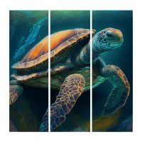 Sea Turtle Swimming in the Ocean Triptych