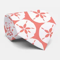 White and Coral Sand Dollar Print Beach Wedding Neck Tie